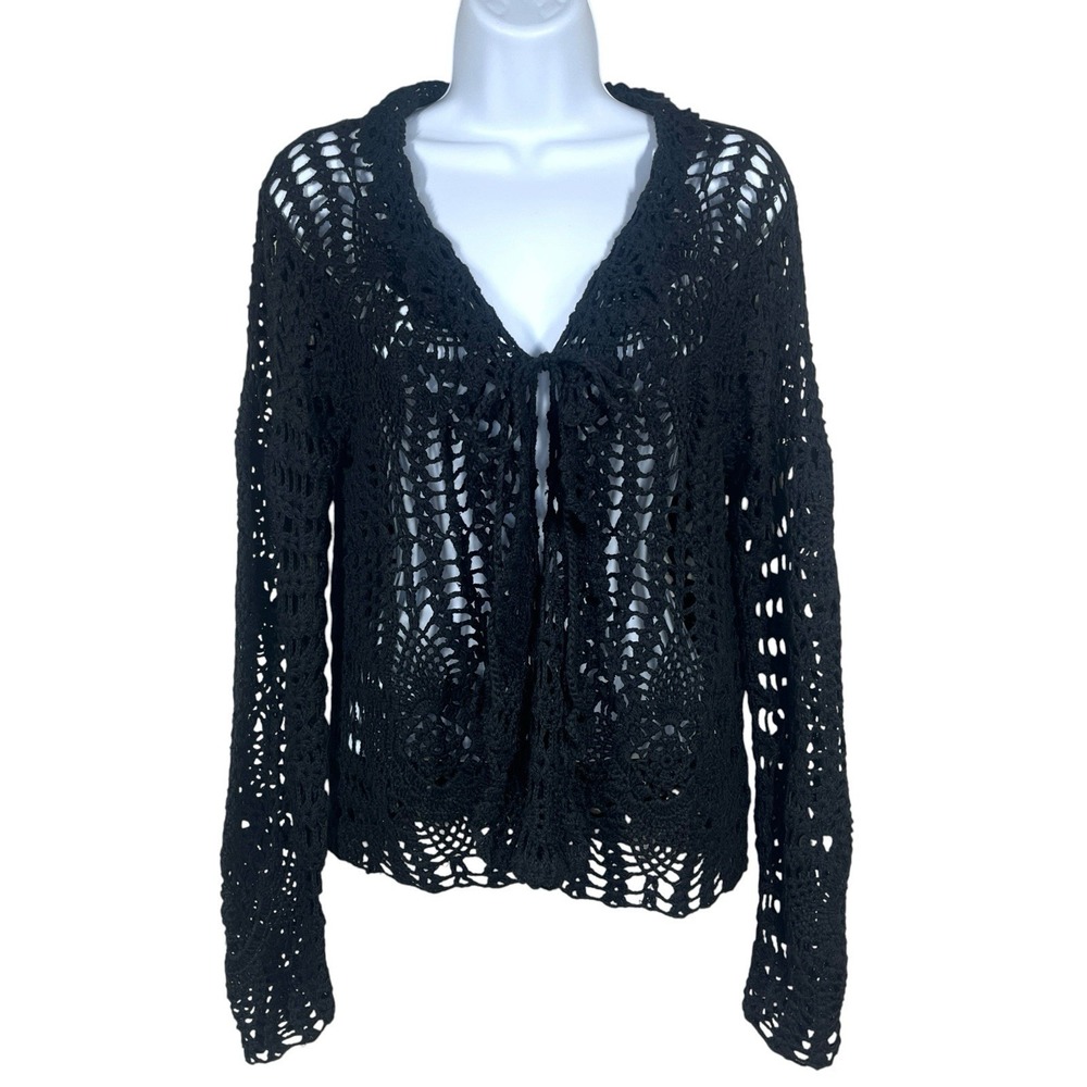 April Cornell Crochet Top Black Open Knit Tie Front Boho‎ Artsy Feminine